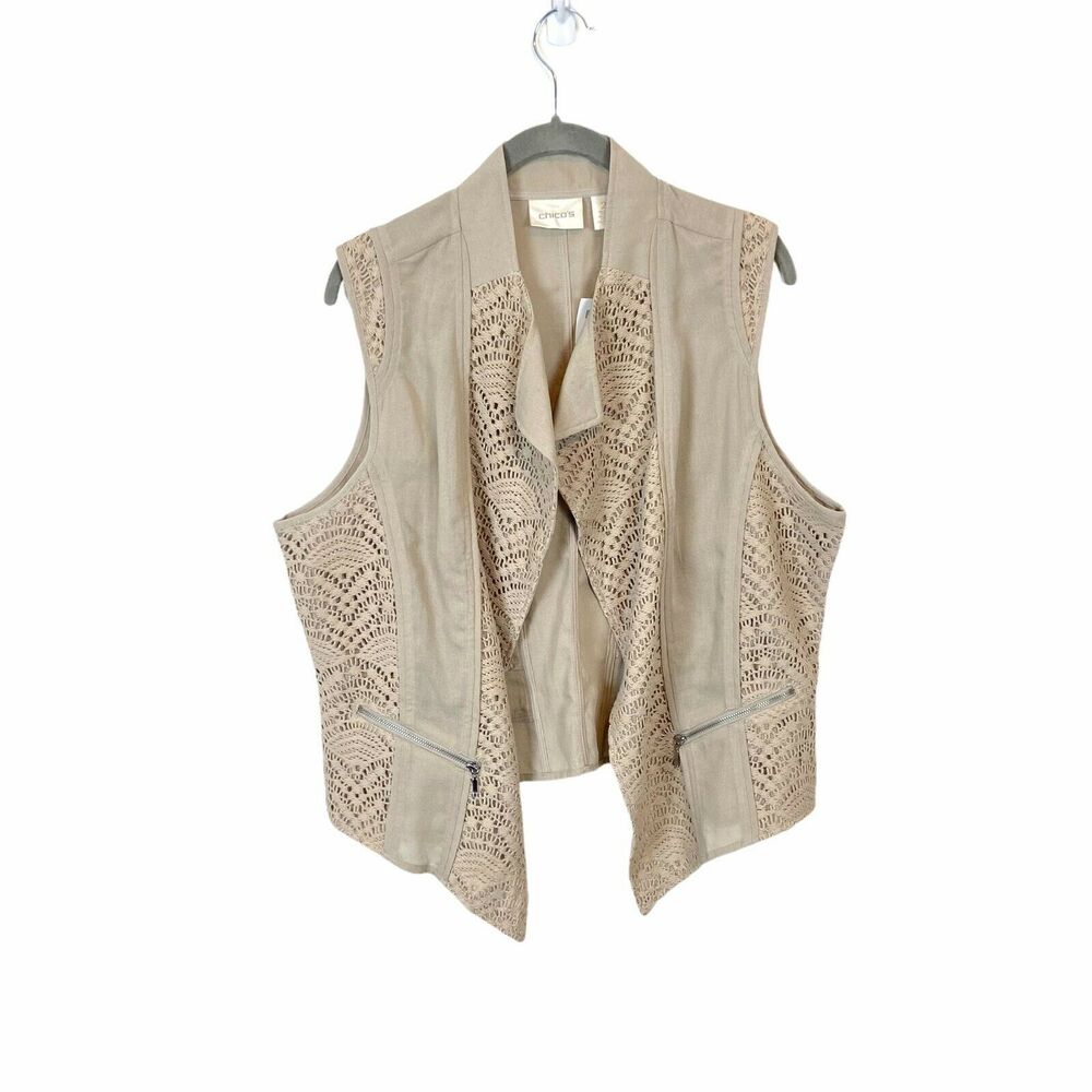 Chico's Vest Romantic Cottage Crochet Lace Open Front Sz 10 12 Tan Cream NWT